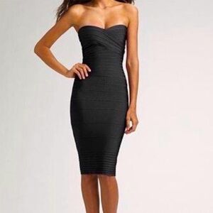 Herve Leger black bandaid dress. Strapless, midi, bodycon